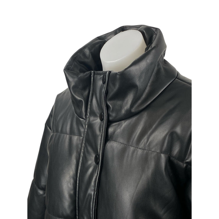 Le Lis Black Faux Vegan Leather Quilted Long Sleeve Crop Puffer Coat Jacket Sz L