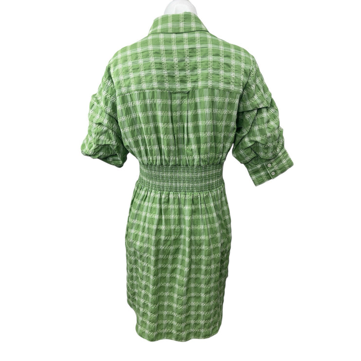 NEW Cinq a Sept Green Plaid Check Short Sleeve Button Down Mini Shirt Dress Sz 4