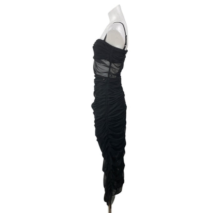 Nostra Santissima Black Sleeveless Mesh Cami Sheer Ruched Midi Bodycon Dress 4