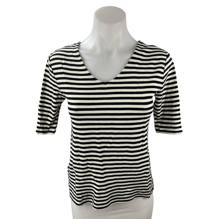 Ann Taylor Women Black White Striped Short Sleeve V Neck T Shirt Tee Top Size XS