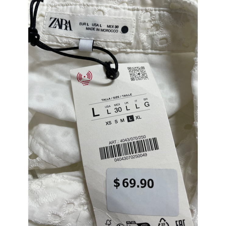 NEW Zara Women's White Embroidered Eyelet Argyle Button Down Shirt Top Size L