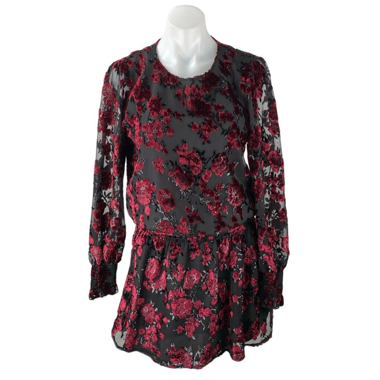 Parker Carmindy Red Black Floral Velvet Burnout Long Sleeve Mini A-Line Dress S