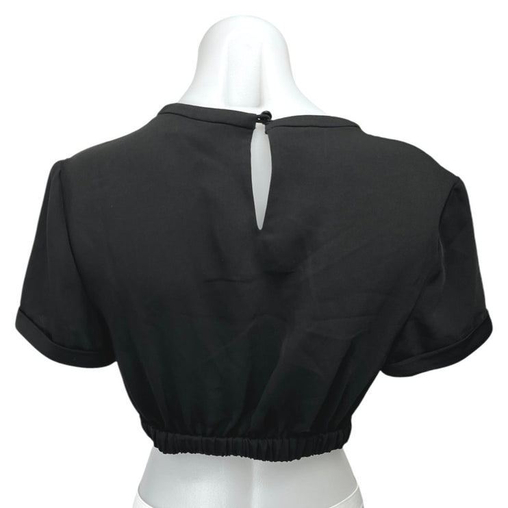 L'Academie Black Crew Neck Short Sleeve Elastic Hem Crop T Shirt Top Size S