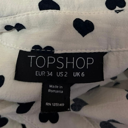 Topshop Black White Hearts Print Long Sleeve Button Down Shirt Blouse Top Size 2