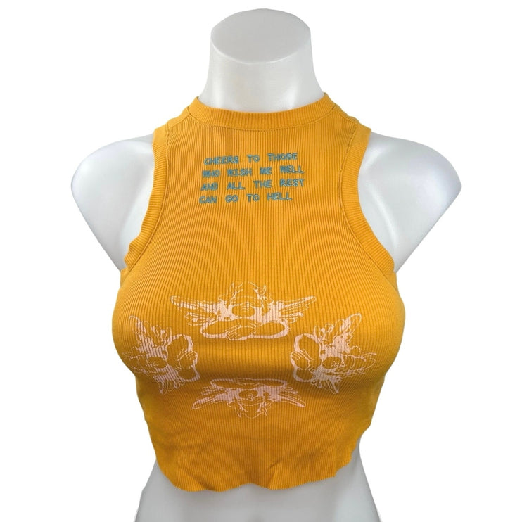 Boys Lie Women's Yellow Printed Ribbed Knit Crew Neck Sleeveless Crop Top Size S