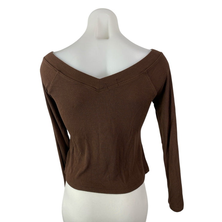 Urban Outfitters BDG Brown Ribbed Knit V Neck Long Sleeve Crop Sweater Top Sz L