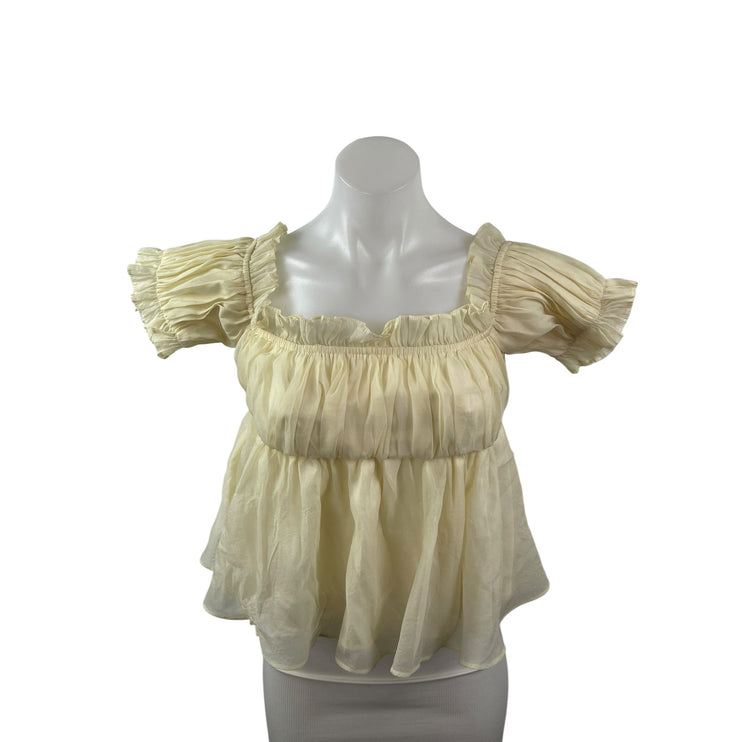 Lush Womens Cream Tulle Sheer Short Sleeve Off Shoulder Crop Peplum Blouse Top S