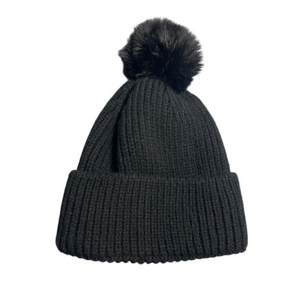 Steve Madden Black Rib Knit Cuffed Pom Pom Winter Snow Beanie Cap Hat One Size