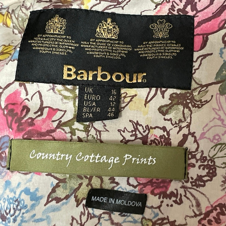 Barbour Beadnell Womens Black Floral Lining Zip Up Collared Waxed Coat Jacket 12