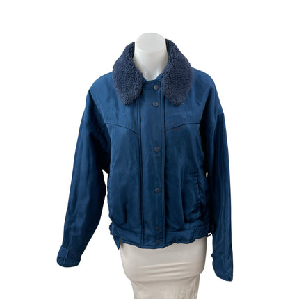 Urban Outfitters Eleanor Blue Faux Fur Collar Long Sleeve Bomber Coat Jacket M