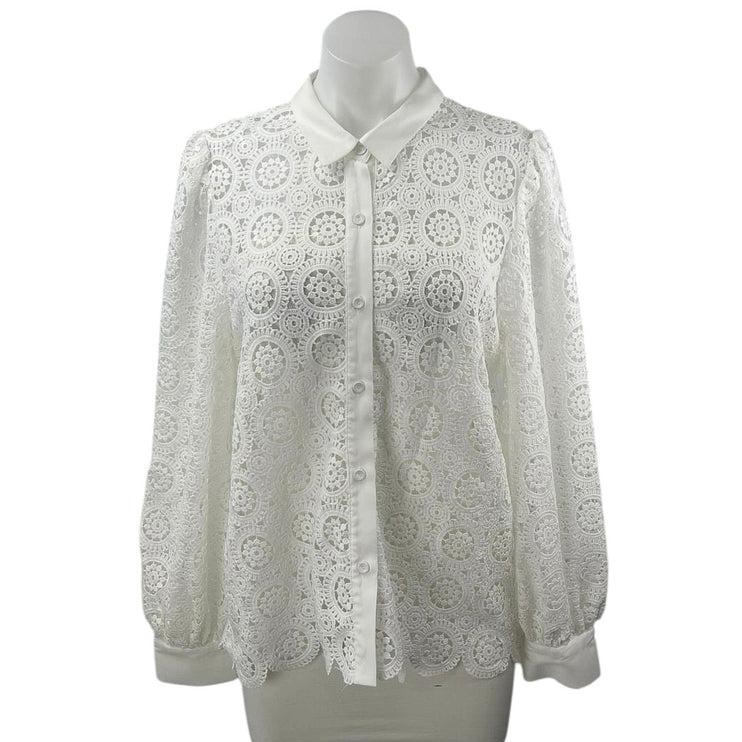 A. Calin by Flying Tomato White Lace Crochet Long Sleeve Button Down Shirt Top L
