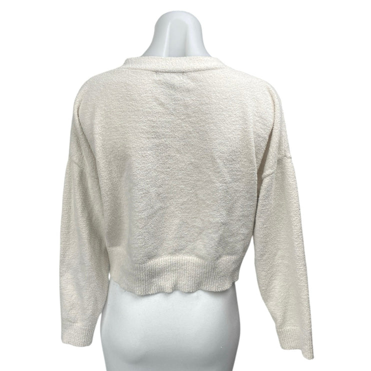 Aqua Women's White Long Sleeve Fleece Button Down Cardigan Sweater Top Size S