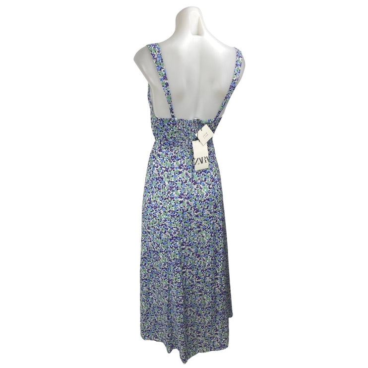 NEW Zara Women's Blue Floral Sleeveless Slit Midi Tank A-Line Slip Dress Size XS