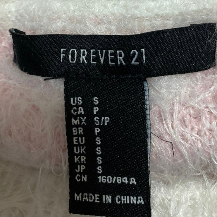 Forever 21 Pink White Checkered Plaid Faux Fur Short Sleeve Crop Sweater Top S