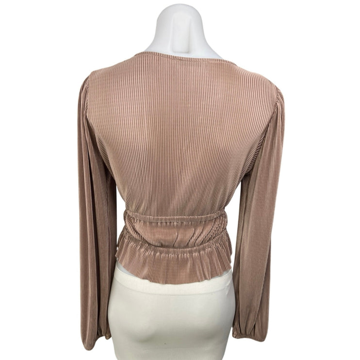 Zara Brown Metallic Pleated V-Neck Long Sleeve Cinched Tie Peplum Blouse Top S