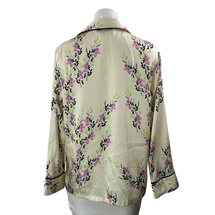 Zara Women's Cream Silk Satin Floral Long Sleeve Button Down Shirt Pajama Size S
