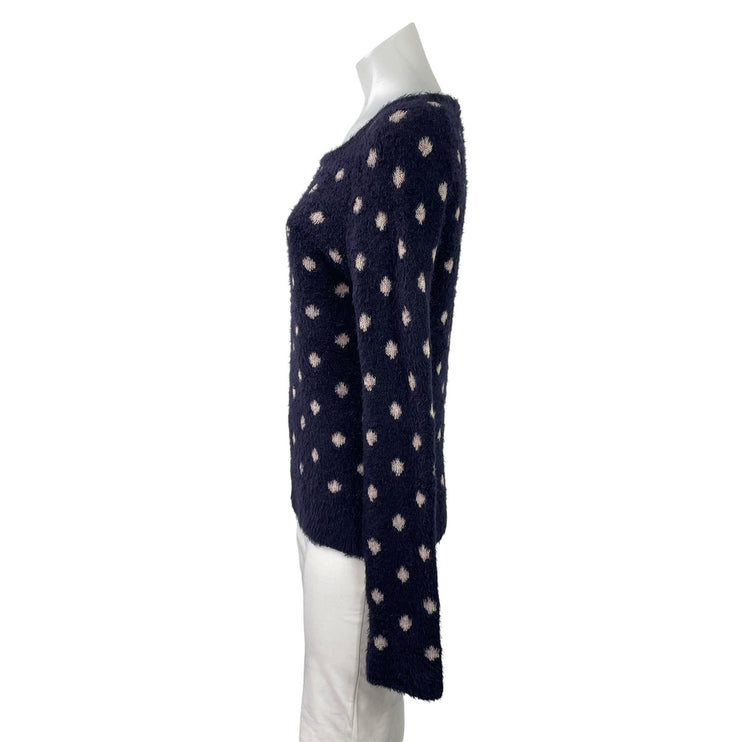 Anthropologie Moth Navy Blue Polka Dots Fuzzy Eyelash Knit Long Sleeve Sweater M