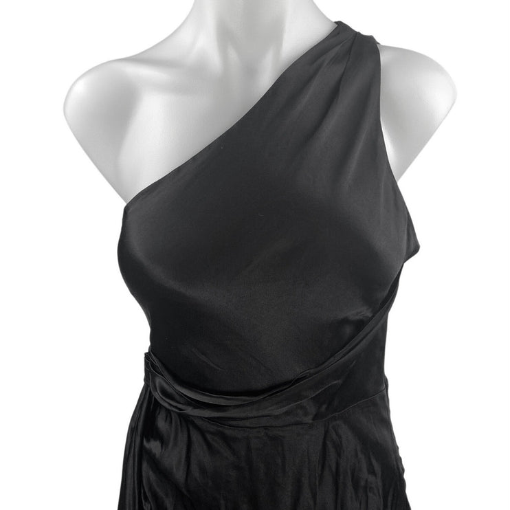 NEW Meshki Black Silk Satin One Shoulder Sleeveless Tie Waist Maxi Dress Size S