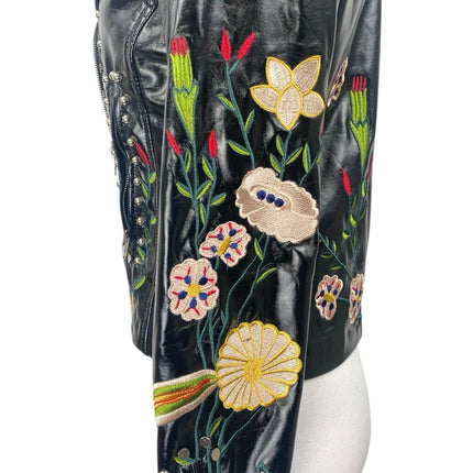 Elli White Black Faux Leather Floral Embroidered Studded Moto Biker Jacket Sz S