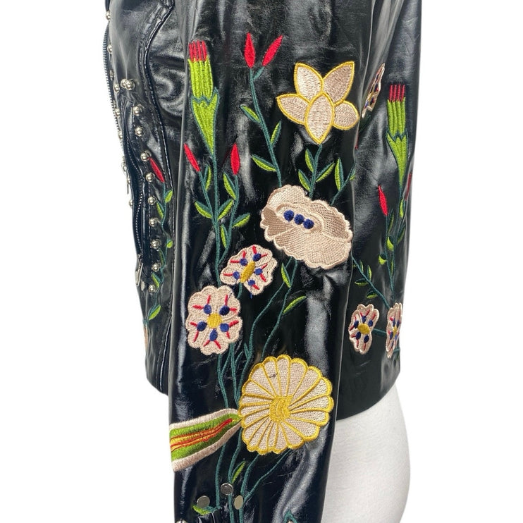 Elli White Black Faux Leather Floral Embroidered Studded Moto Biker Jacket Sz S