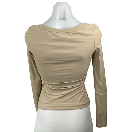 Princess Polly Women's Beige Ribbed Square Neck Long Sleeve Slim T-Shirt Top 4