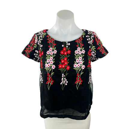 Ida Sjostedt Women's Black Floral Embroidered Short Sleeve Boxy Blouse Top Sz 8