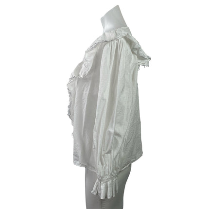 Zara Women's White Long Sleeves Ruffles Eyelet V-neck Embroidered Blouse Top XL
