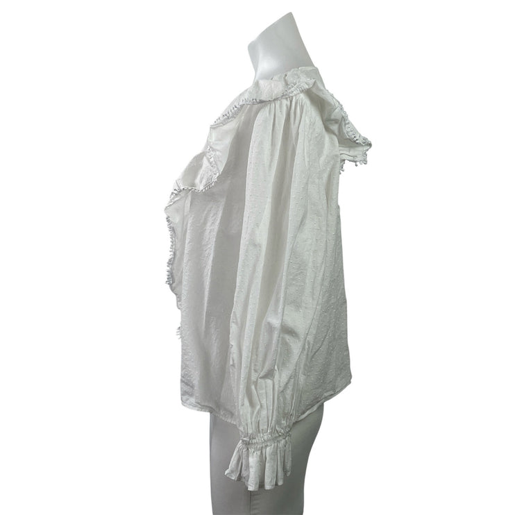 Zara Women's White Long Sleeves Ruffles Eyelet V-neck Embroidered Blouse Top XL