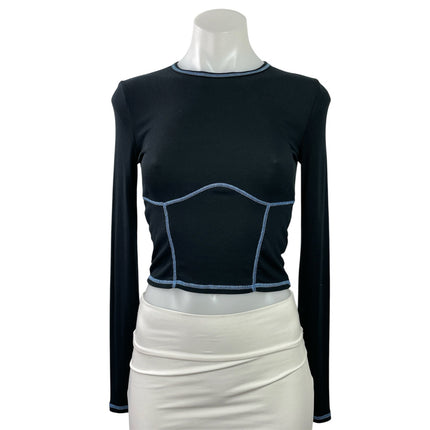Aritzia Sunday Best Womens Black Stitched Long Sleeves Ribbed Knit Crop Top Sz S
