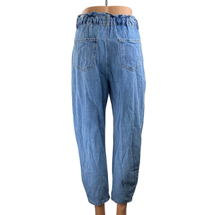 Zara Women's Blue High Waist Wide Tapered Barrel Paperbag Denim Jeans Pants 34