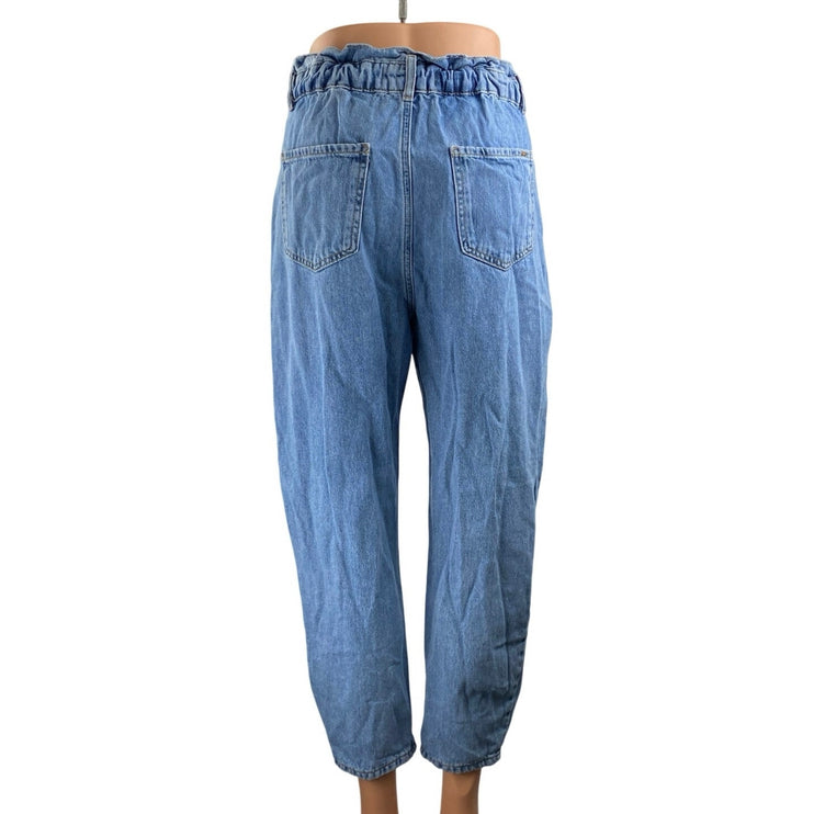 Zara Women's Blue High Waist Wide Tapered Barrel Paperbag Denim Jeans Pants 34