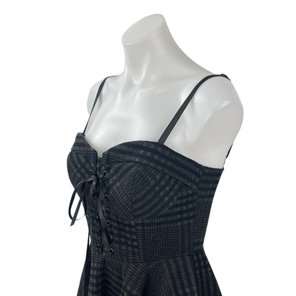 Vock Black Plaid Sleeveless Sweetheart Lace Up Mini Cami Flare A-Line Dress Sz S