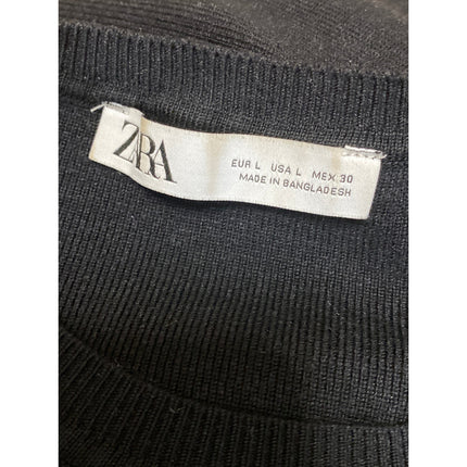 Zara Women's Black Long Sleeve Ribbed Knit Crew Neck Cropped Sweater Top Size L