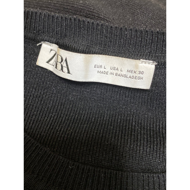 Zara Women's Black Long Sleeve Ribbed Knit Crew Neck Cropped Sweater Top Size L