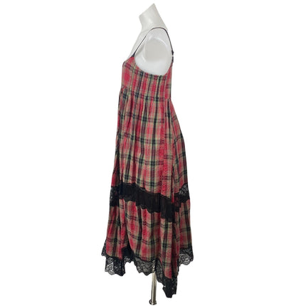Urban Outfitters Baez Red Plaid Flannel Lace Inset Sleeveless Midi Tank Dress M