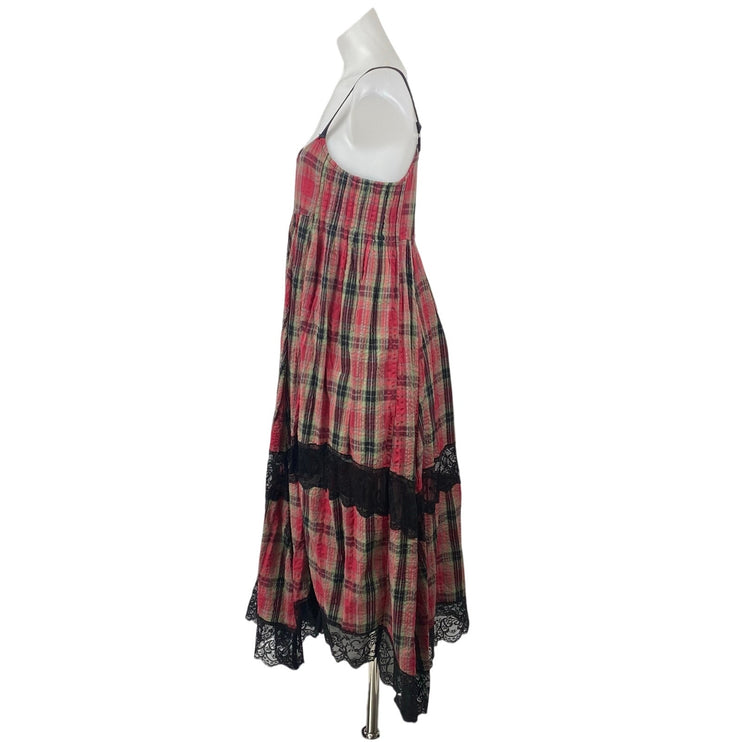Urban Outfitters Baez Red Plaid Flannel Lace Inset Sleeveless Midi Tank Dress M