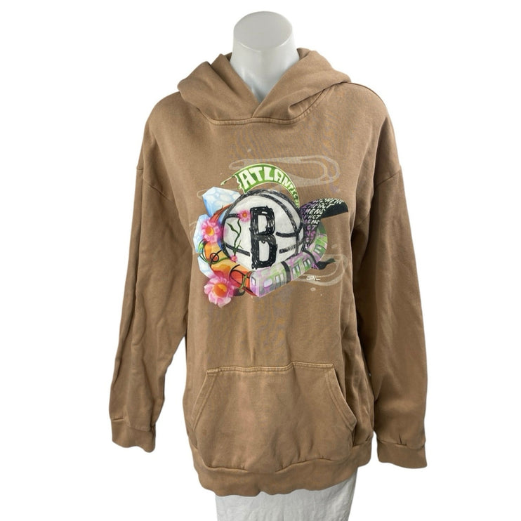 Cross Over Brown Fraphic Print Long Sleeve Hoodie Hooded Sweater Sweatshirt Sz L