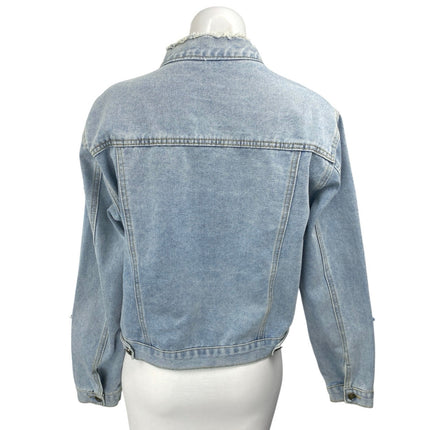 Women's Blue Star Beaded Long Sleeve Frayed Button Up Denim Jean Jacket Size M