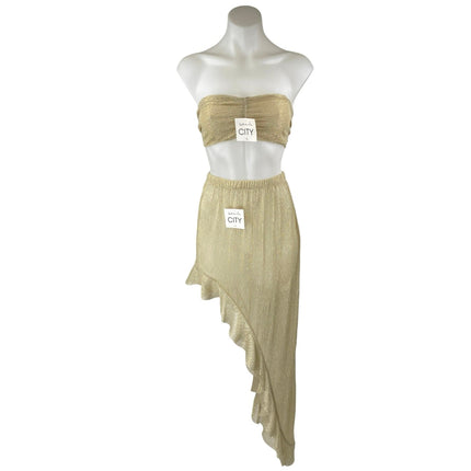 NEW Beach City Gold Metallic Ruffle Assymetric Skirt & Bandeau Tube Top Set Sz S