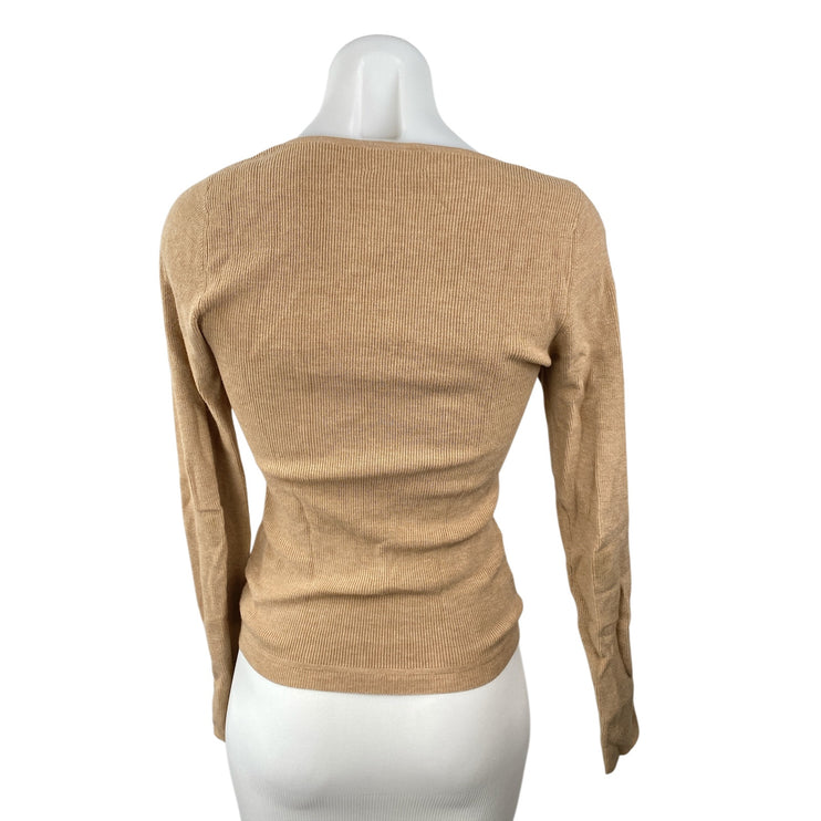 Aritzia Wilfred Womens Tan Ribbed Knit Sweetheart Long Sleeve Sweater Top Size M