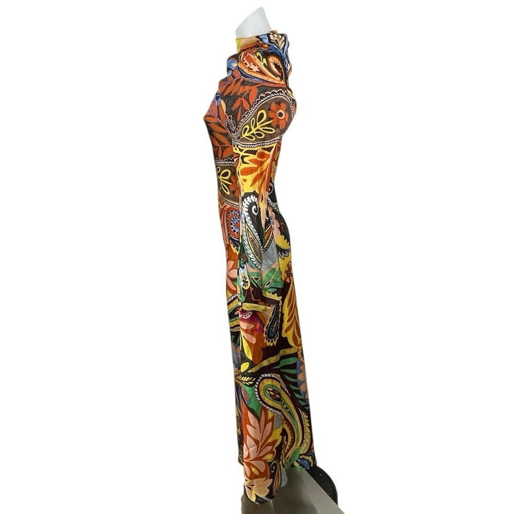 Zara Multicolor Floral Paisley One Shoulder Mock Neck Slit Sheath Maxi Dress S