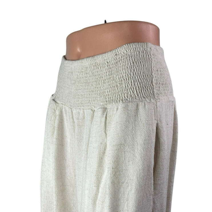 Women's White Smocked High Waisted Boho Wide Leg Cropped Trousers Pants Size L