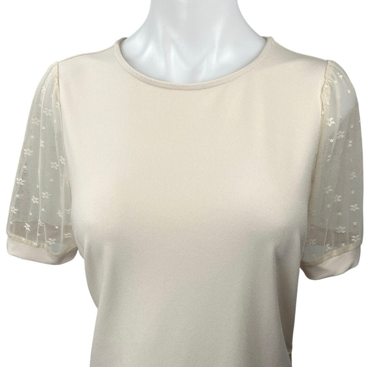 Adrianna Papell Women's Cream Floral Mesh Sleeve Round Neck Blouse Top Size S