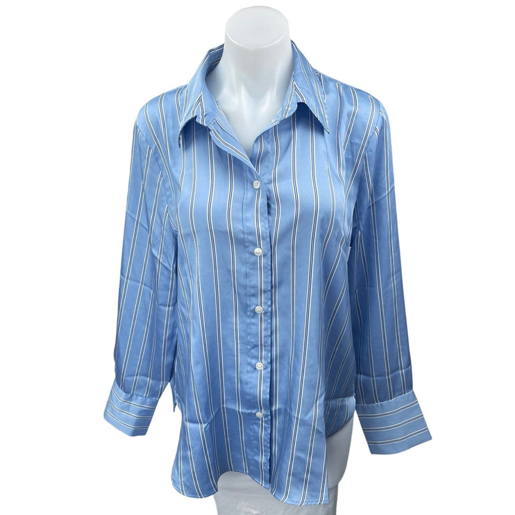 H&M Women's Blue Striped Oversized Long Sleeve Button Down Shirt Top Size M