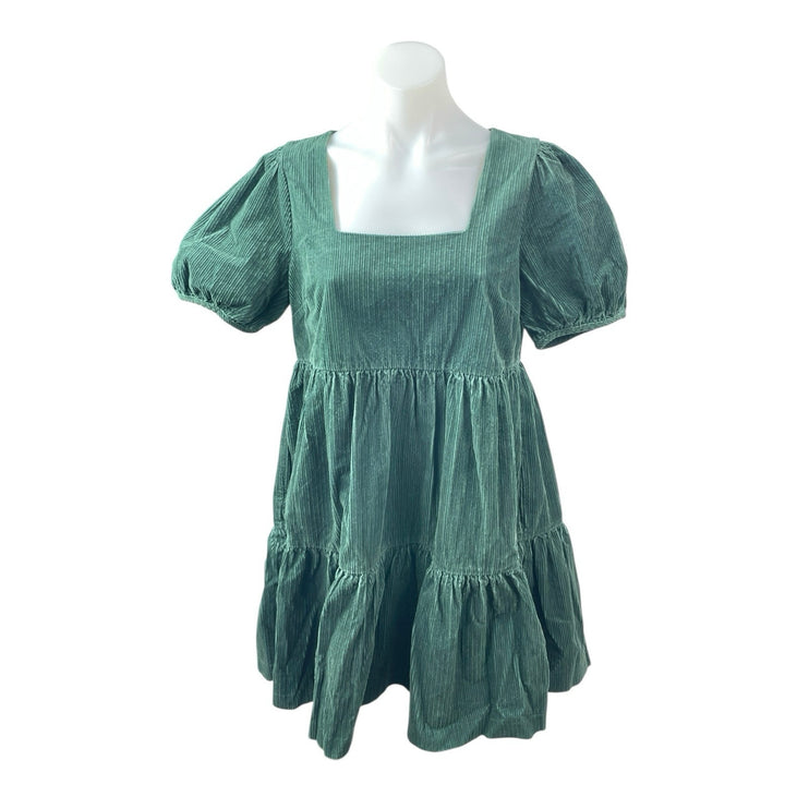 Madewell Women's Green Corduroy Short Puff Sleeve Tiered A Line Mini Dress Sz 4