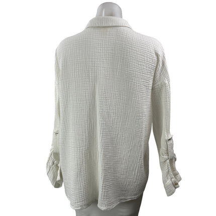 Magaschoni Women's White Gauze Pocket Long Sleeve Button Down Shirt Top Size L