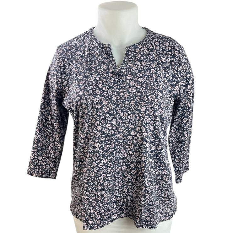 L.L. Bean Blue Pink Floral Half Zip Notch Neck T Shirt Tee Blouse Top Size XL