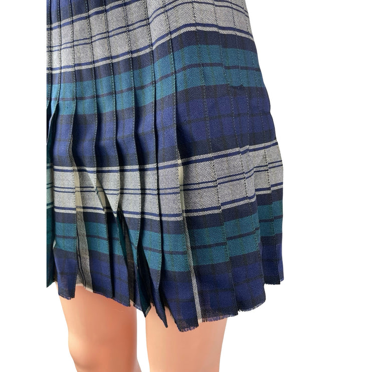 Women's Blue Plaid Striped Colorblock High Waisted Pleated A Line Mini Skirt XS