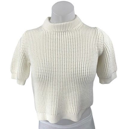 French Connection White Waffle Knit Puff Sleeve Mock Neck Crop Sweater Top Sz M