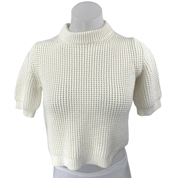 French Connection White Waffle Knit Puff Sleeve Mock Neck Crop Sweater Top Sz M
